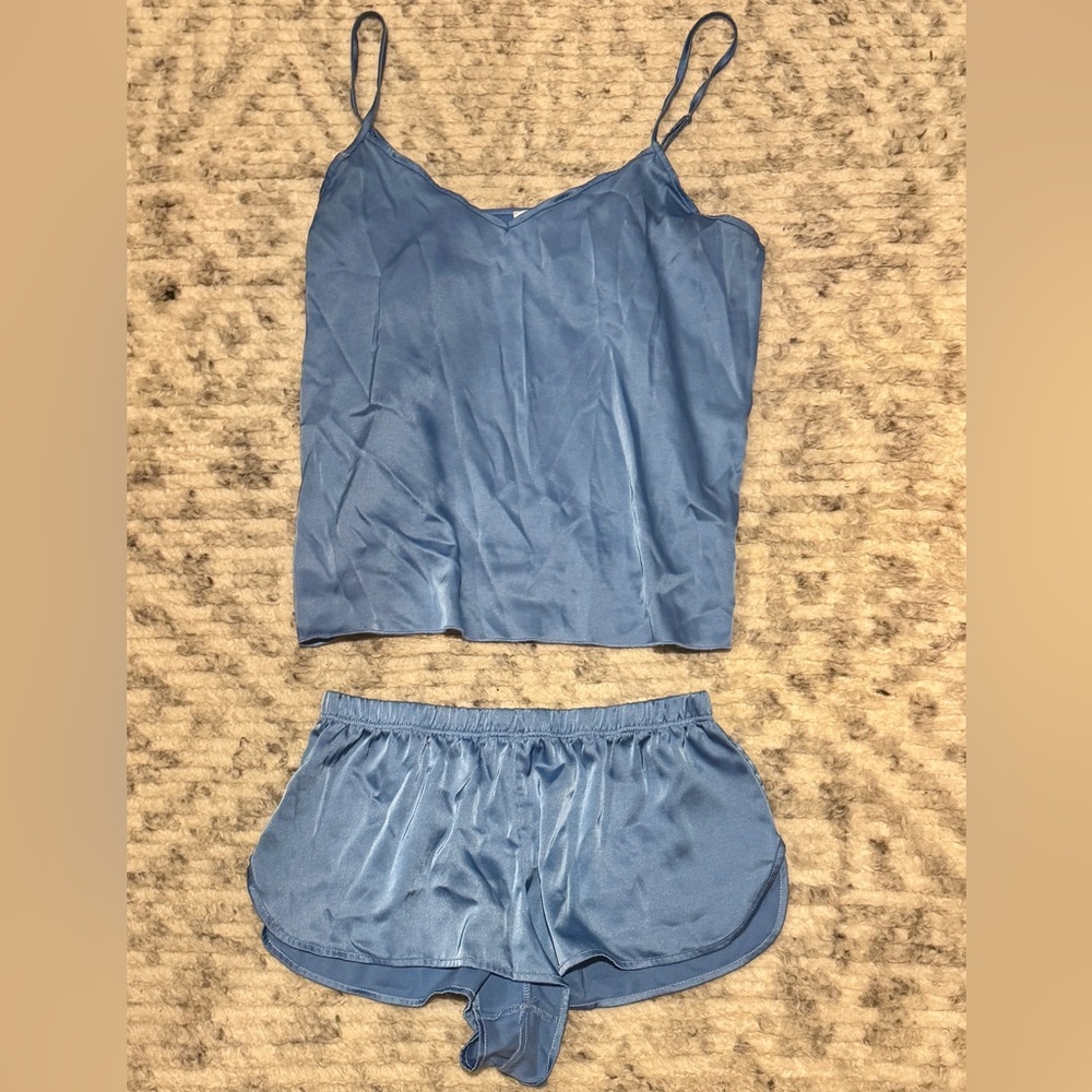 Ekouaer Satin Solid Cami Too Shorts Pajamas Set Light Blue Small